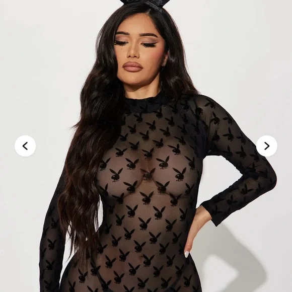 PLAYBOY Black Mesh Bodysuit with Bunny Ears - Picture 4 of 6